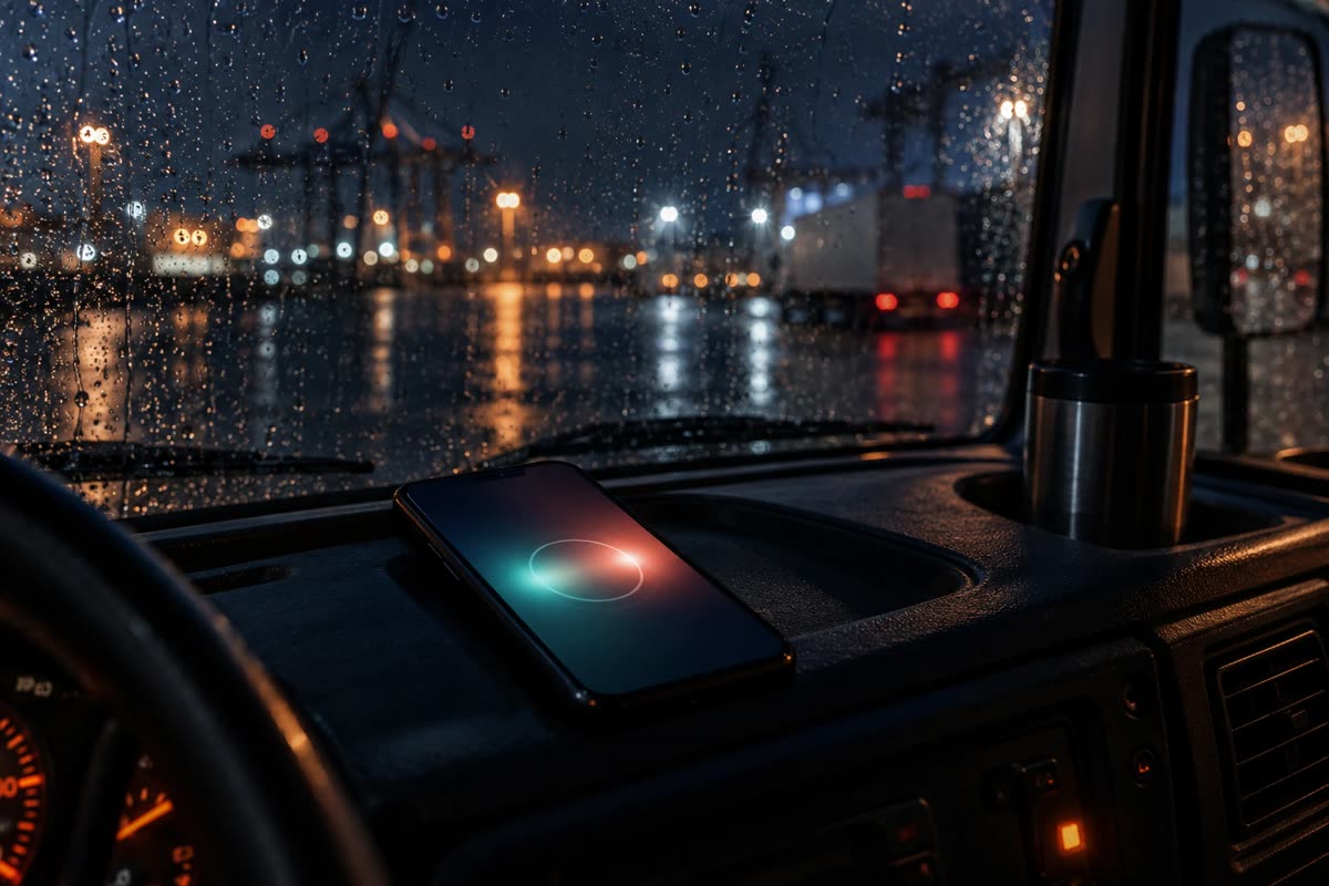 Smartphone on a truck dashboard lighting up with a call on a rainy night