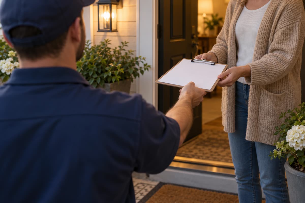 Service crew member handing paperwork to a homeowner at the front door