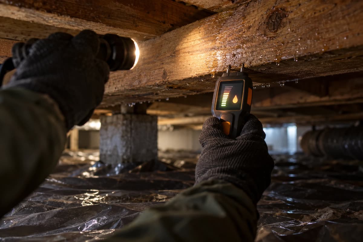 Gloved hand holding a flashlight and moisture meter in a crawlspace