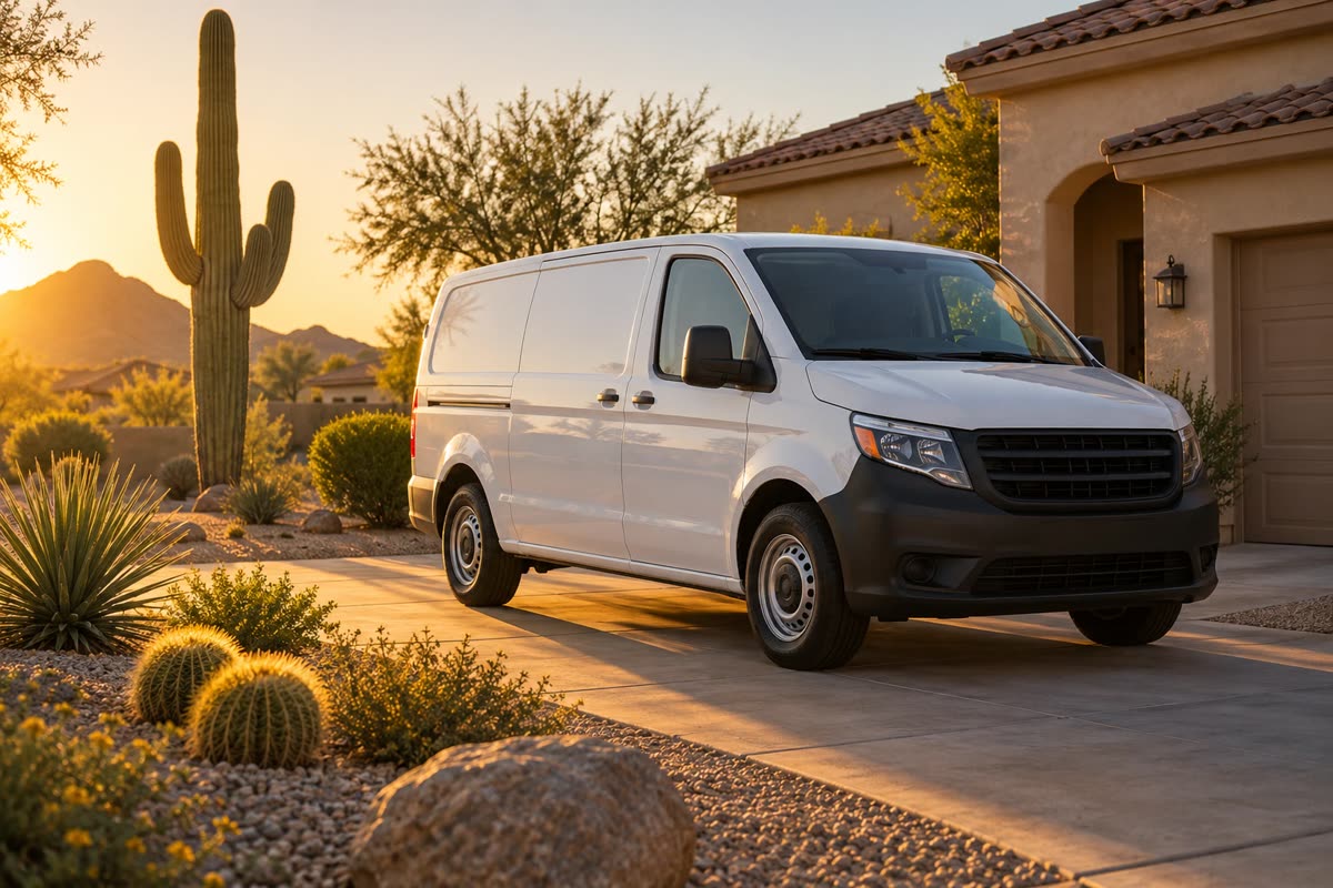 White service van in front of a stucco home in a Phoenix desert suburb