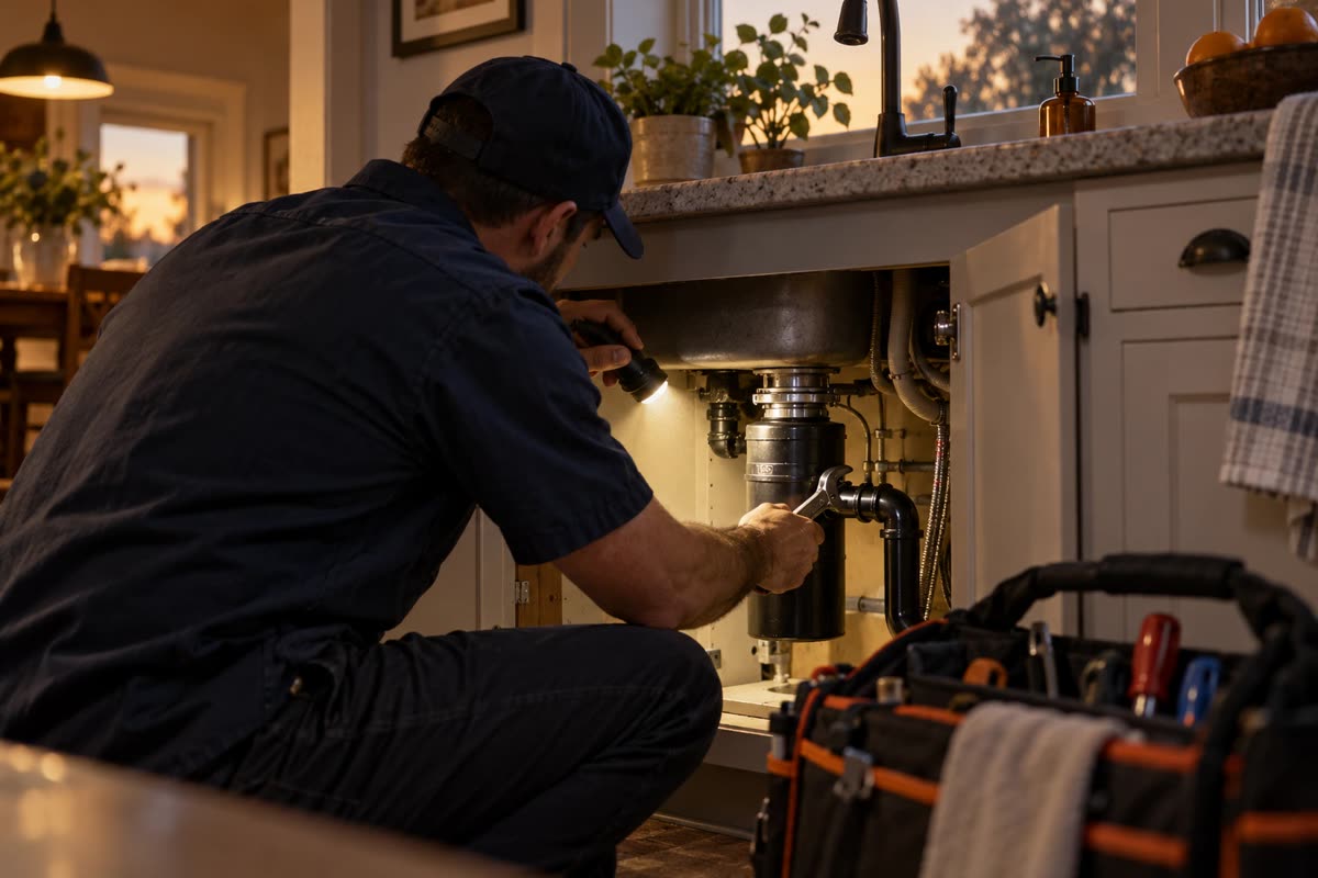 Plumber working on a kitchen sink drain with a flashlight and wrench